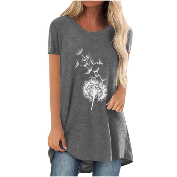 Spring Tops for Women Womens Tops under $5 Large Fashion Women Fashion Short Sleeve Round Neck Printed Long T-Shirt Blouse Loose Tops Gifts for Women