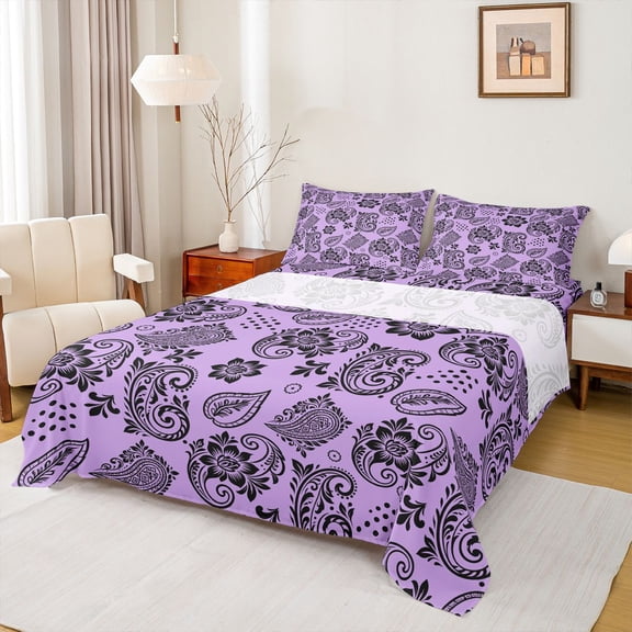 jejeloiu Mystic Paisley Queen Sheets For Men Women,Bold Print Queen Sheet Sets,Purple Black,4-Piece,1 Flat Sheet, 1 Fitted Sheet and 2 Pillowcases