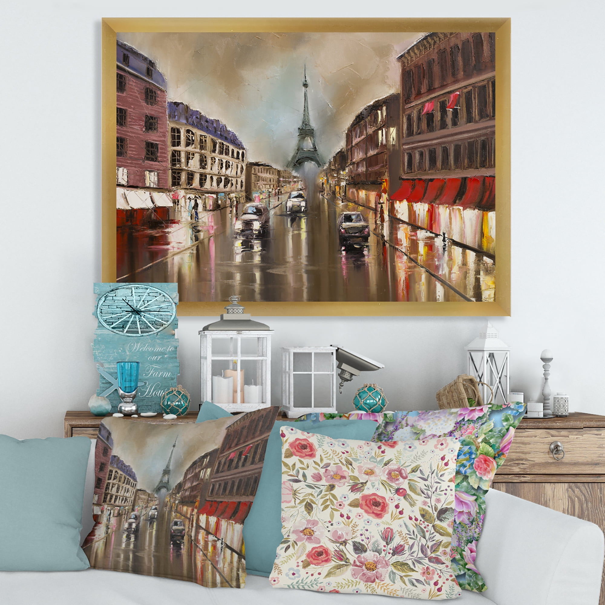 Designart 'Quiet Rainy Street In Gray Eiffel Tower Paris' Traditional Framed Art Print