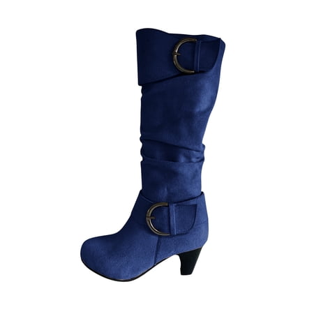 Babysbule Boots for Women Women s Winter Warm High Heel Straight Leather Belt Buckle Suede Thick Heel Knight Boots