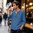 thumbnail image 5 of Men Linen Shirts Summer 3/4 Sleeve Tops Plus Size V Neck Gauze Blouses Dressy Casual Loose Clothes,Blue,5XL, 5 of 8