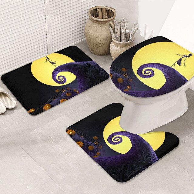 Juego de 3 alfombrillas y tapetes de baño de franela de pesadilla antes de Navidad, alfombrilla de baño antideslizante extra gruesa y alfombrilla de inodoro con contorno en forma de U para el suelo
