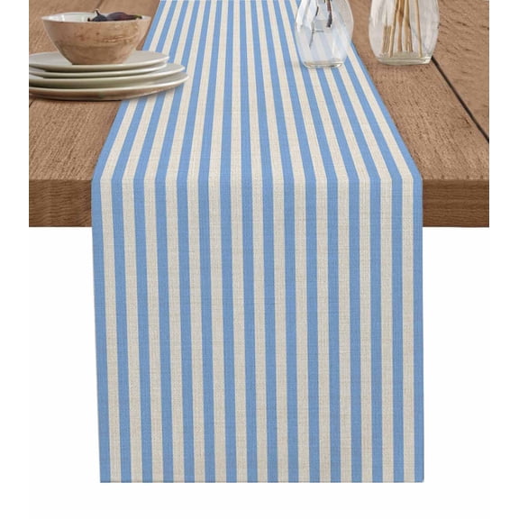 ERUNPONLY Blue Striped Table Runner - 90 Inch Long Modern Simple Farmhouse Beige Vintage Cotton and Linen Blended Dress Scarves Farmhouse Table Runner for Kitchen Dining, Coffee Table, 13"x90"