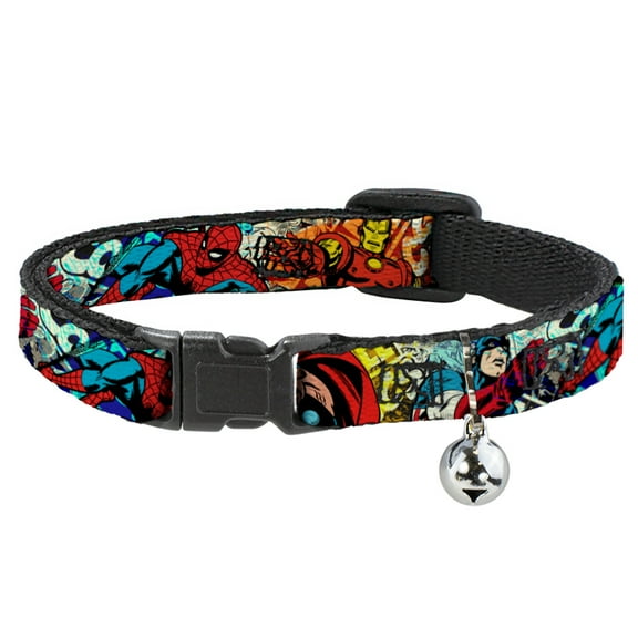 Marvel Comics Breakaway Cat Collar With Bell, Plastic Clip, Easy Adjustable, Superhero Action Poses Comic Scenes White Black Splatter, 8.5 to 12 Inches 0.5 Inch Wide