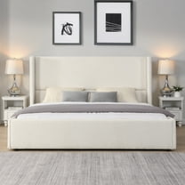 King Size Upholstered Bed, White Fabric Wingback Bed with Tall Headboard, Modern Platform Bed Frame, No Box Spring Needed, Elegant Bedroom Centerpiece