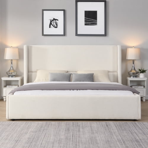 King Size Upholstered Bed, White Fabric Wingback Bed with Tall Headboard, Modern Platform Bed Frame, No Box Spring Needed, Elegant Bedroom Centerpiece