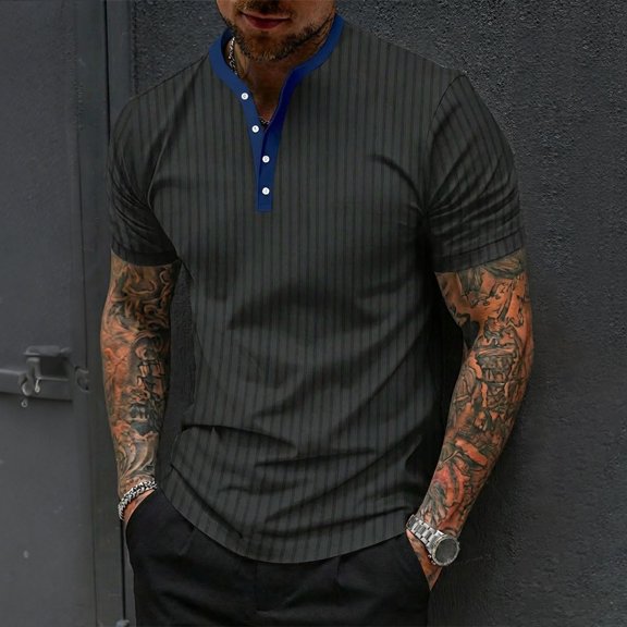 Summer Cool Thin T Shirts Mens Hoodie Solid-Color Casual Loose Button Short Sleeve V-Neck Collar Summer Classic Basic Tee Shirts - Black∣XL