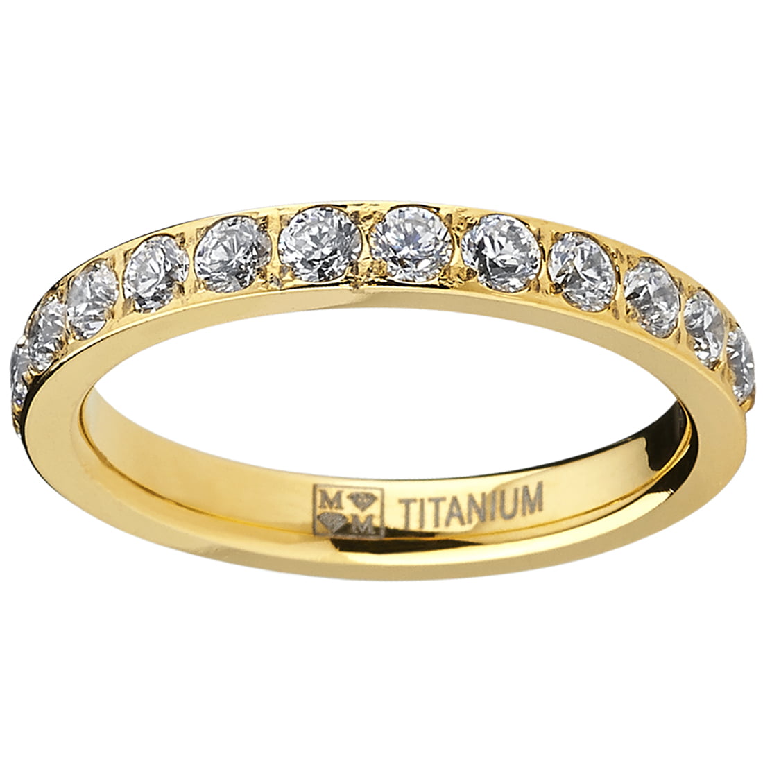 3MM Women's Goldtone Plated Titanium Eternity Ring, Wedding Band with Pave  Set Cubic Zirconia 7