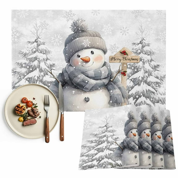 Grey Merry Christmas Snowman Placemats Set of 6, Xmas Tree Winter Snowscape Table Mats Washable Heat-Insulation Non-Slip Place Mats for Kitchen Dinner Table Indoor Outdoor Decor,13x19 Inch