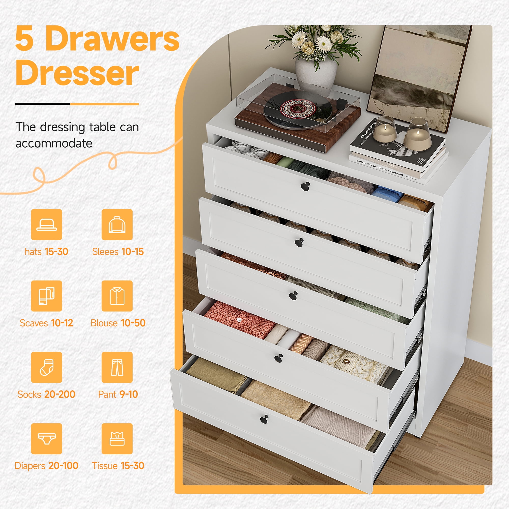 STANI 5 Drawer Dresser Storage for Bedroom, Metal Chest of Drawers Tall White Closet Organizers and Storage Clothes, 41" H Accent Storage Cabinet for Living Room, Entryway, Hallway
