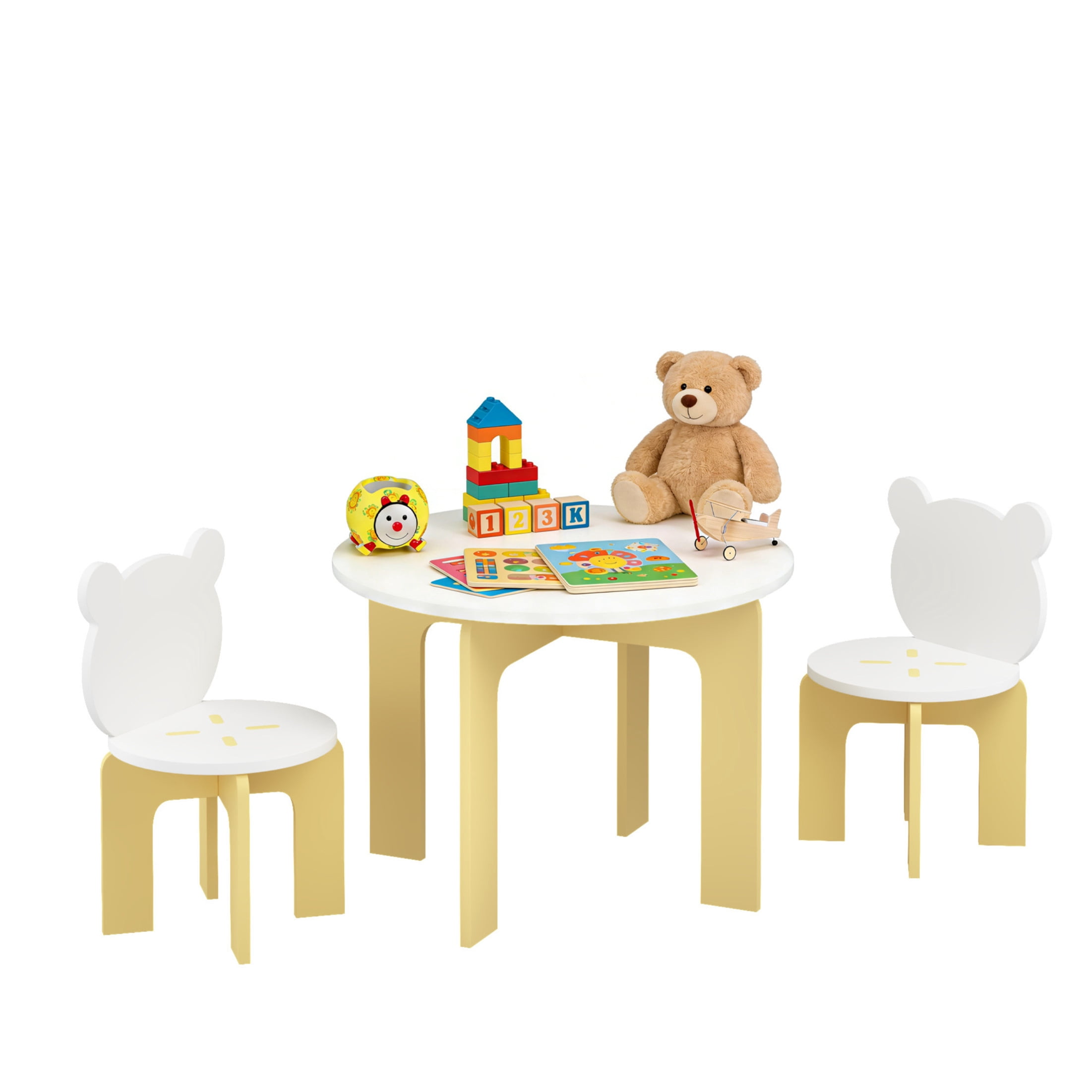 Noble House Kids Table and 2 Bear Chairs Set, 3-Piece Wooden Toddler Activity Table with Chairs, White and Yellow