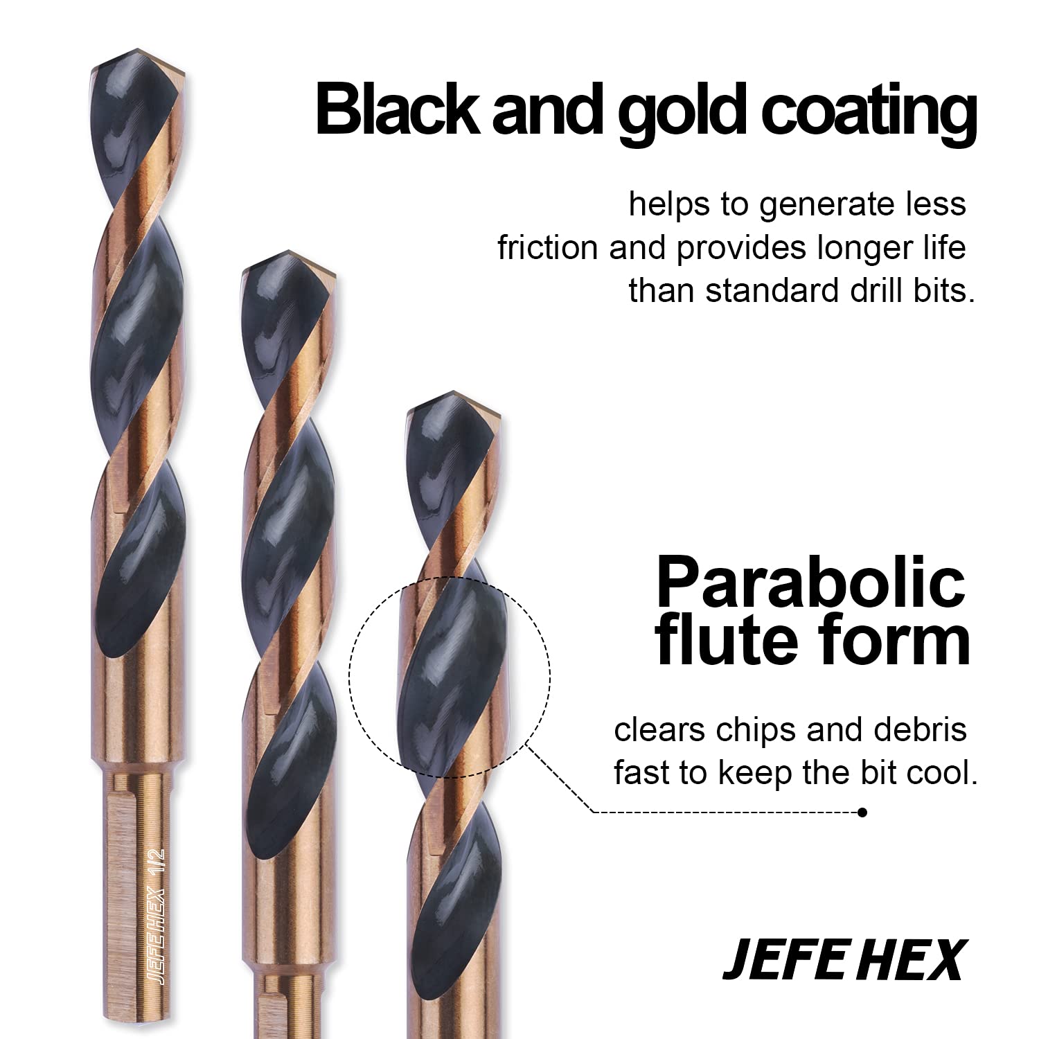 JEFE HEX 1/2" Dia. 5" OAL , 3-Flat Shank HSS Twist Drill Bit, Black and Gold Finish, 135 Degree Split Point (6-Piece)
