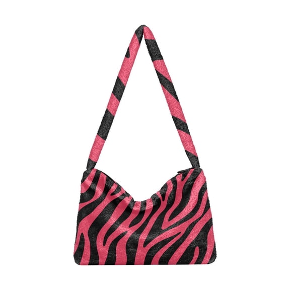 DIXRUYEE Pink Zebra Print Pattern Print Plush Shoulder Bag Soft Faux Fluffy Hobo Tote Bag With Zipper Closure Casual Lightweight Crossbody Handbag