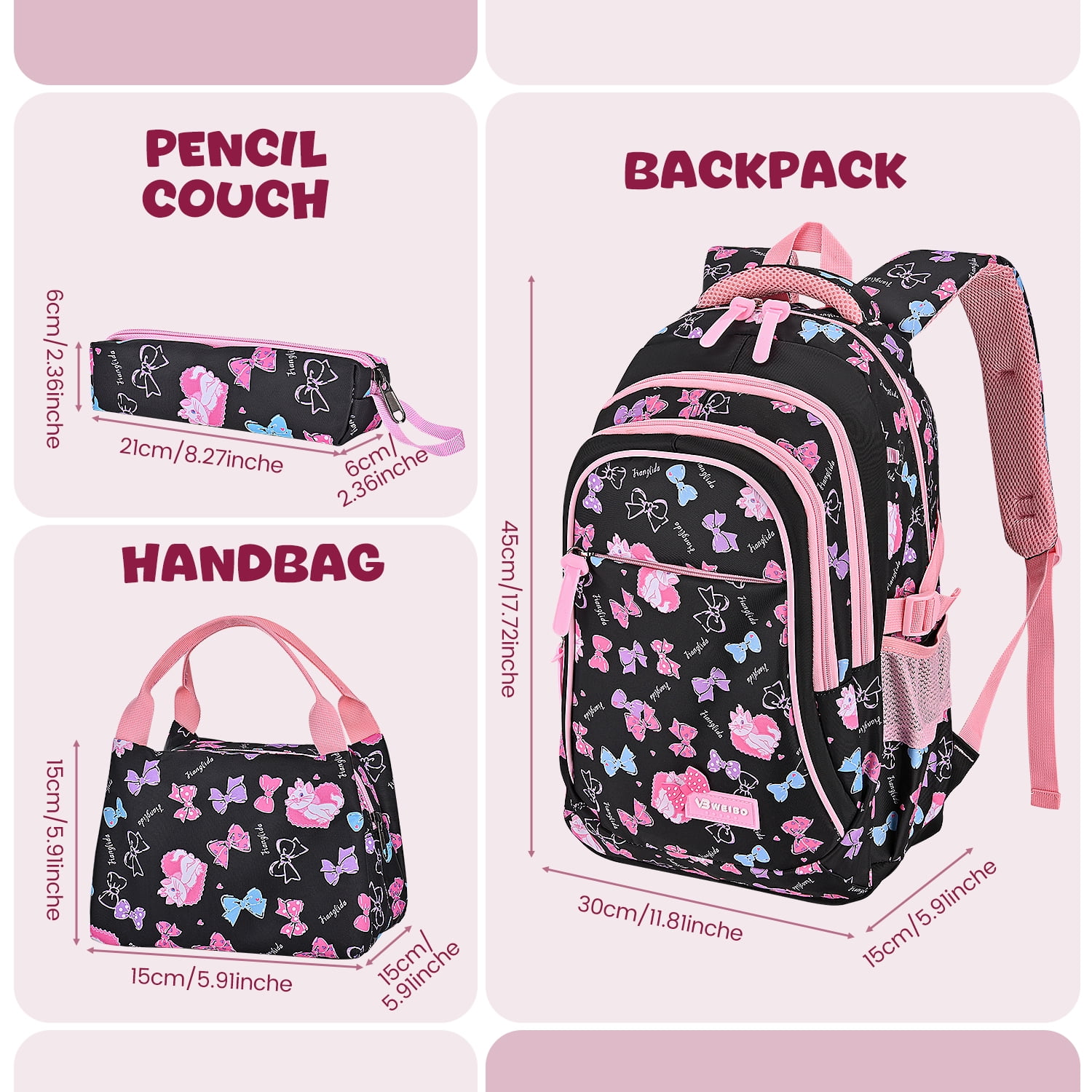 Kids School Backpack Set for Girls, 3 in 1 School Bag with Lunch Bag & Pencil Case for Primary Middle Students - Black