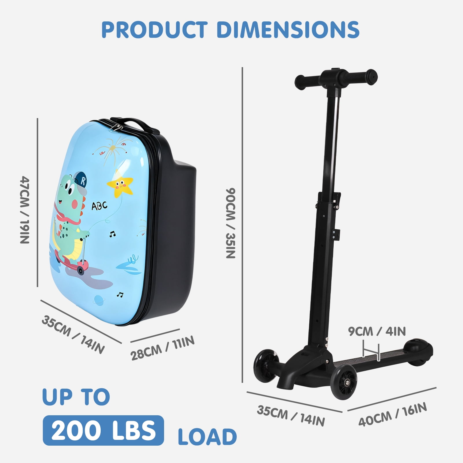 Kids Scooter Suitcase with LED Wheels, Foldable Detachable Ride-On Travel Luggage, Light Blue