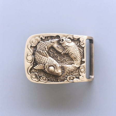 Double Fishes Rectangle Solid Brass Belt Buckle