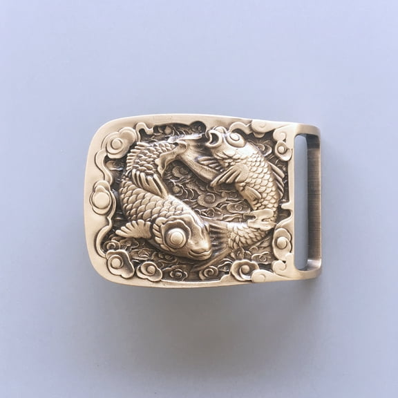 Double Fishes Rectangle Solid Brass Belt Buckle