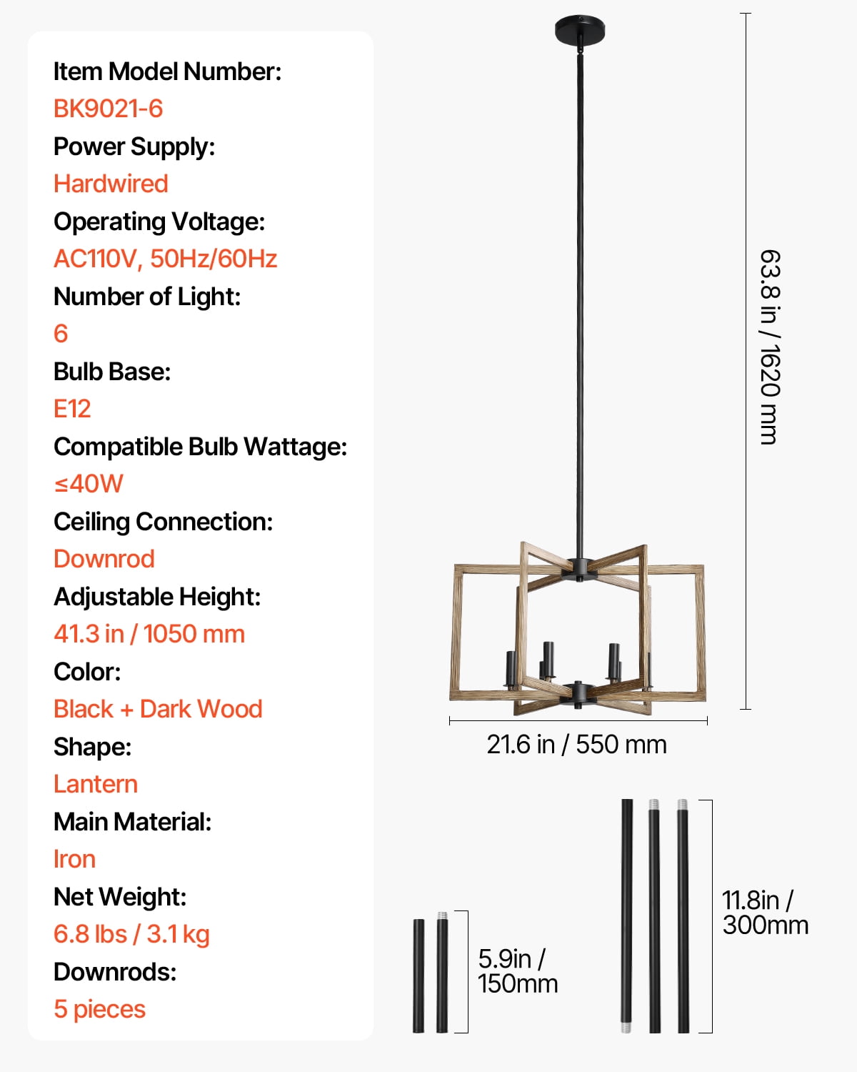 VEVOR 6-Light Chandelier, Metal Farmhouse Chandelier, Adjustable Height, Dining Room Hanging Light Fixture for Ceilings, Modern Chandelier for Bedroom, Foyer, Hall, Kitchen, Living Room