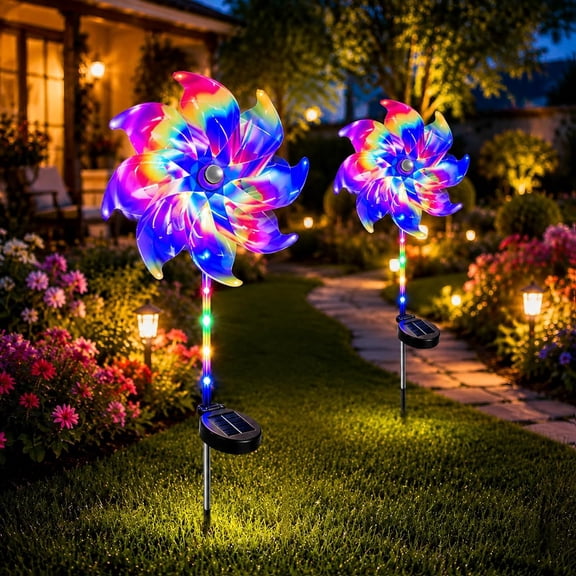 Magical Holographic Rainbow Solar Pinwheel Lights, Waterproof Solar Windmill Garden Lights with Color Changing LED Glow, Kinetic Wind Spinner Stake Outdoor Yard Decor for Pathway Lawn Patio(2PCS)