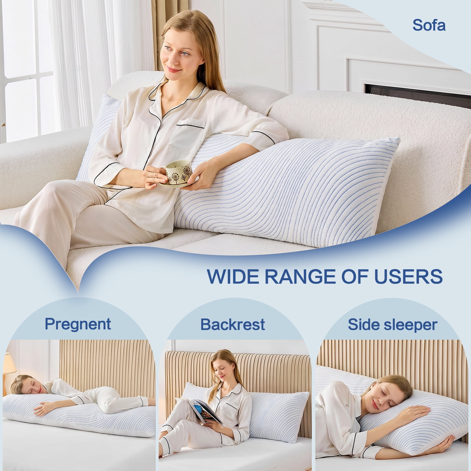 Nalqet 20x54 inch Soft Cooling Body Pillow with Shredded Memory Foam, Enough Support for Side Sleepper, Pregnant Women, Back Pain Relief, Blue