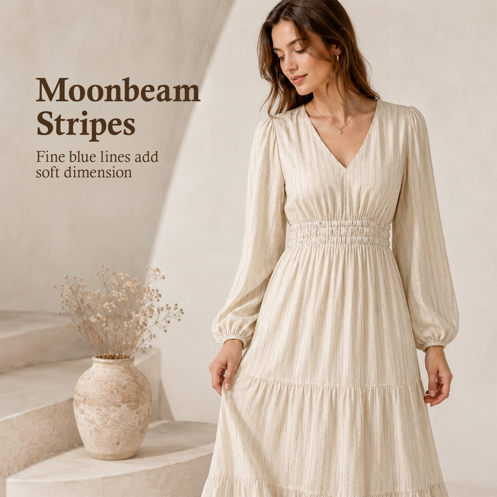 Alvantor Moonbeam Blue Stripe Women's Midi Dress, V-Neck Long Sleeve with Smocked Waist and Tiered Skirt