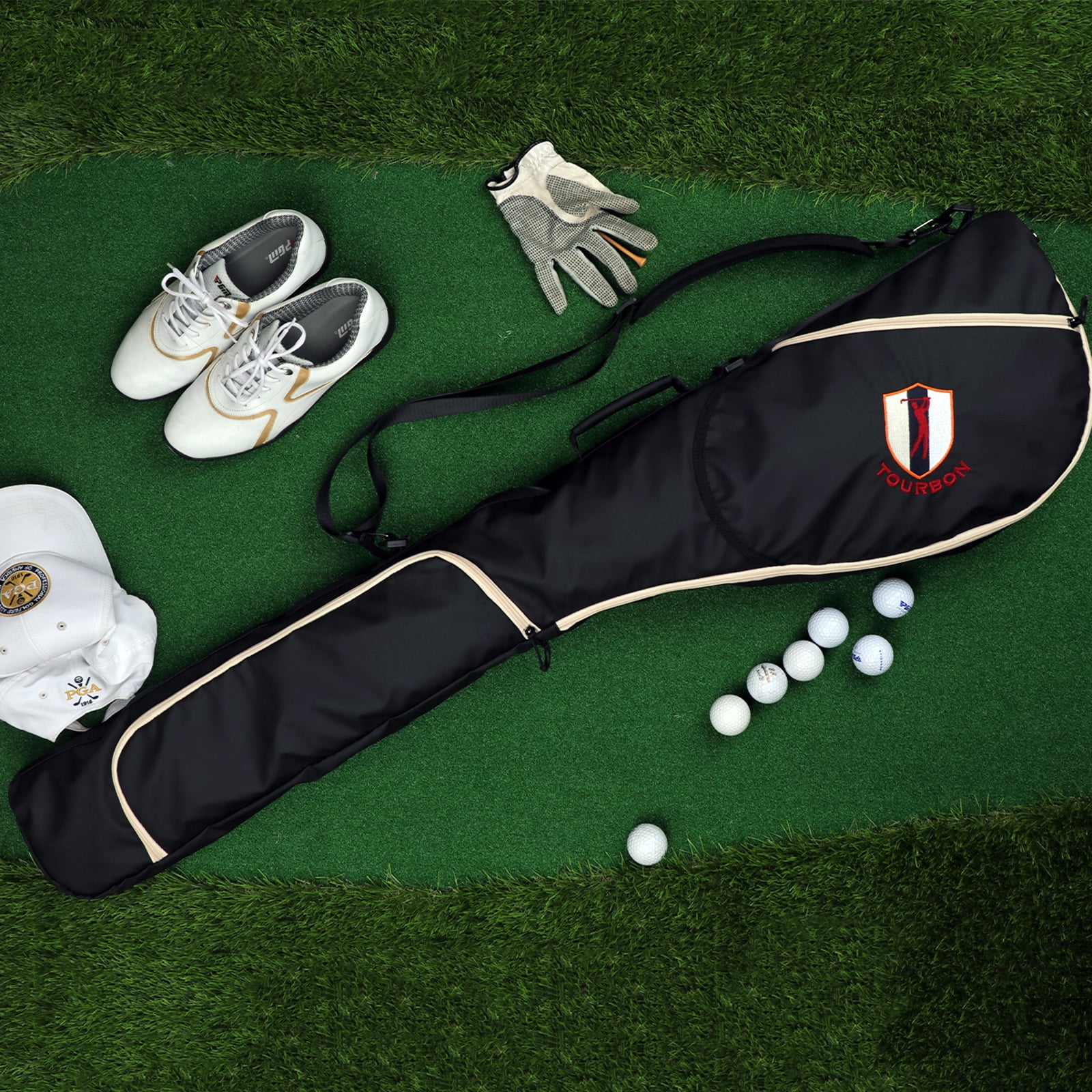 TOURBON Golf Clubs Bag Nylon Lightweight Sunday Bag Travel Pack for Driving Range Waterproof Black Outdoor