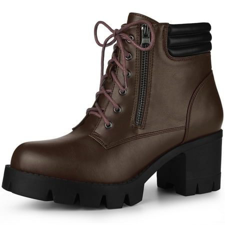 

Unique Bargains Women s Chunky Heel Lace Up Zipper Combat Boots