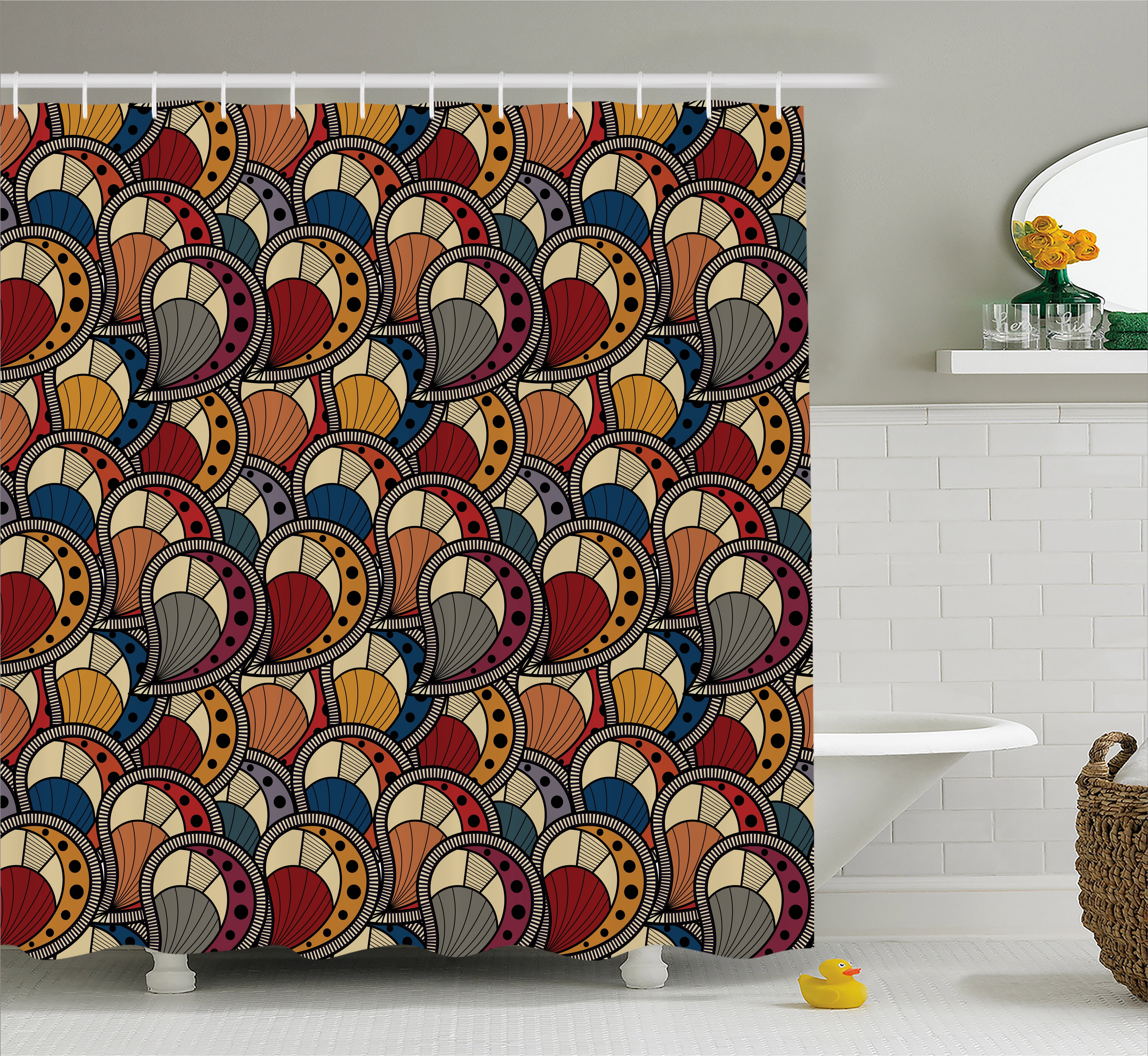 African Shower Curtain, Paisley Motifs with Geometric Design Dots and