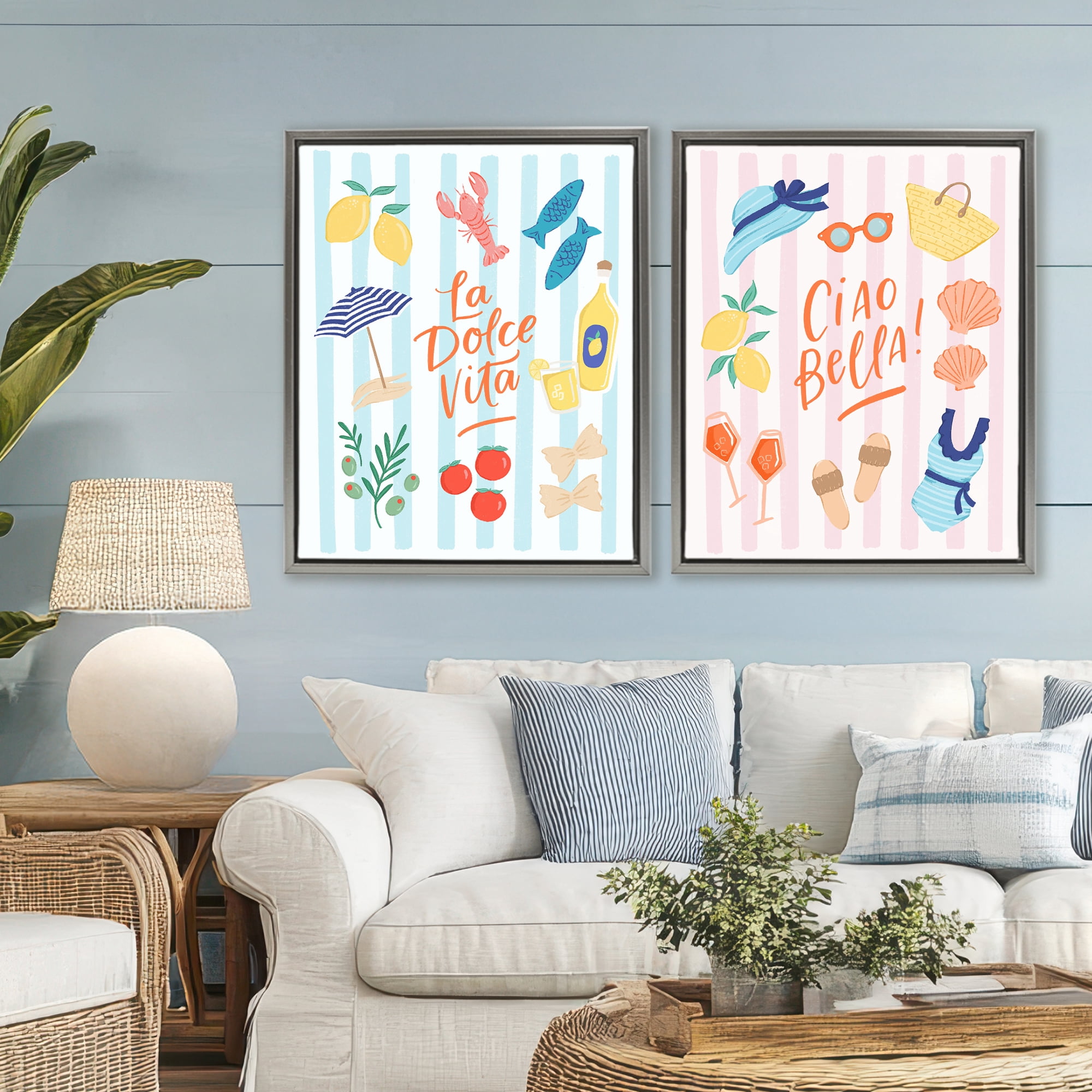 Stupell Industries Summer Italian Vacation 2 Piece Gray Framed Floater Canvas Set, design by Sandra Picco