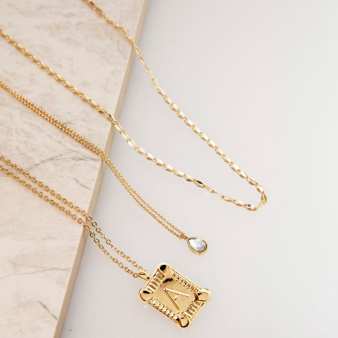Seren Jewelry Initial Letter "A" Gold Pendant Necklace Set for Women, Delicate Gold-tone Layered Monogram Necklaces, 3 Pieces