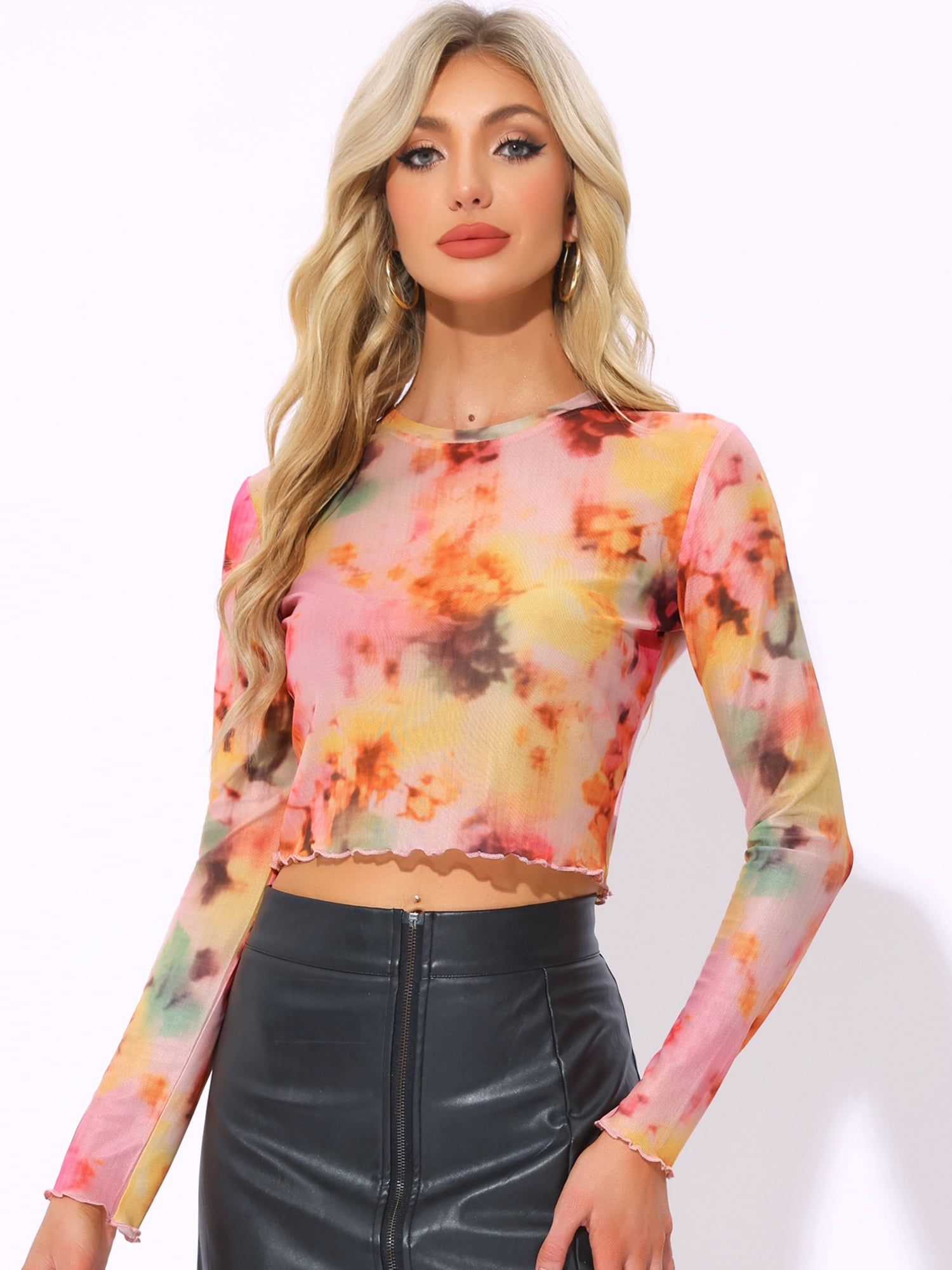 DARING DIVA Women's Mesh See Through Long Sleeve Sheer Blouse XS Multicolor Orange