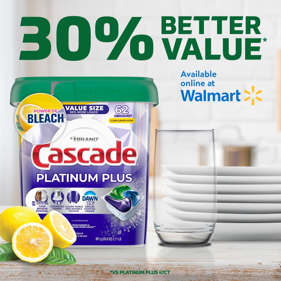 (2 pack) Cascade Platinum Plus Dishwasher Pods, Lemon, 62 Count