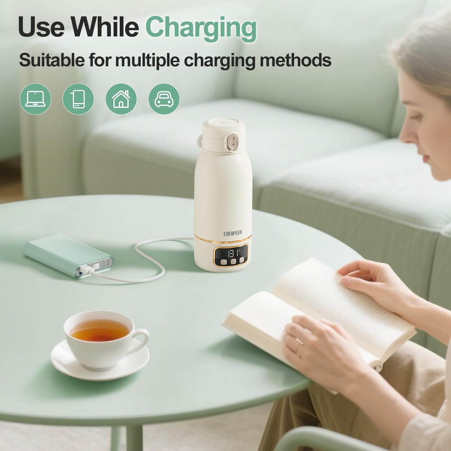 EDENPEER Portable Bottle Warmer for Travel ,Large 17.6oz Precise Temp Control for Breastmilk & Formula, Long Battery Life, USB Rechargeable Fast Heating Leak-Proof