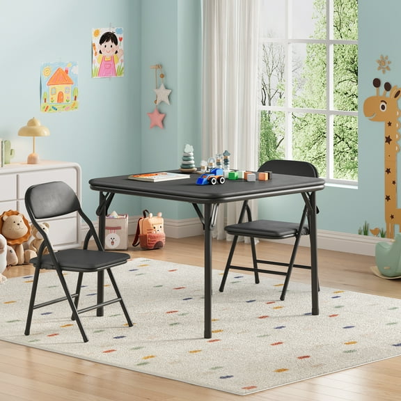 COZONY 3-Piece Kids Folding Table & Chairs Set, Toddler Activity Table w/Chairs for Classroom, Daycare, Home, Black