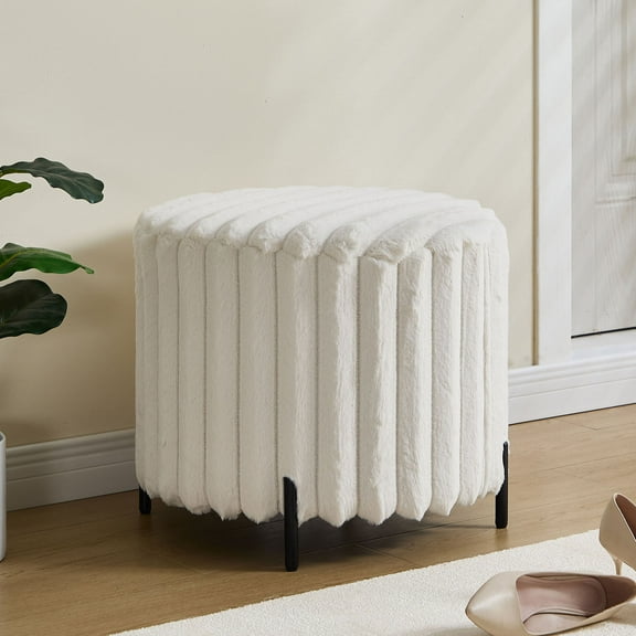 22.05" Upholstered Round Ottoman with Black Metal Legs in Soft Faux Fur Finish Perfect Foot Rest for Living Room Bedroom or Entryway