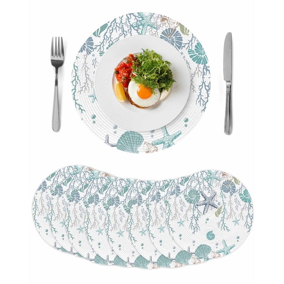 Ocean Coastal Round 13 Inch Placemats Set of 8, Nautical Starfish Conch Seashells Coral HeatResistant Non Slip Place Mats for Dining Table, Wipeable Braided Kitchen Table Mats for Housewarming