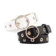 thumbnail image 1 of Cinturón de cuero para mujeres INSPIRE CHIC para jeans y pantalones de vestir con remaches y hebilla de metal circular, hasta 35 pulgadas, negro y blanco, 1 of 5