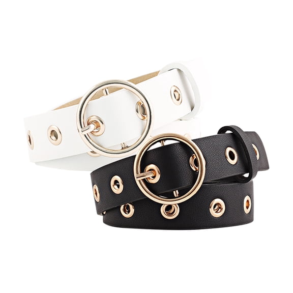 INSPIRE CHIC Women's Studded Grommet Circle Metal Buckle Leather Belt Black White Up to 35 inches