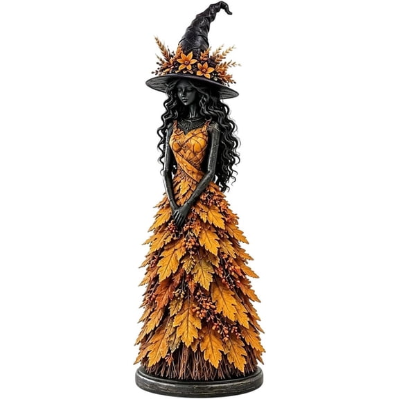 Enchanted Autumn Witch Figurine, Fall Witch Decor Halloween Tabletop Statue with Leaf Gown, Seasonal Resin Witch Decoration for Fall Witch Statue Mantel Shelf Home