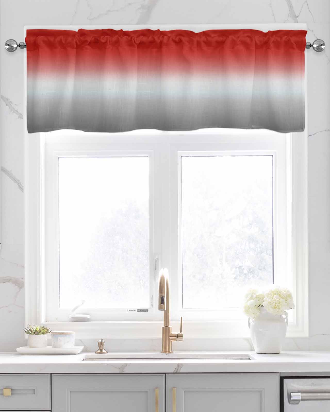 Red Grey Linen Curtain Valance for Bedroom/Bathroom/Kitchen/Office/Living/Dining Room Window,Gradient Greyish Contemporary Minimalist Art Pocket Topper Drapes Decorative Cafe Drapery Panel 42"x18"