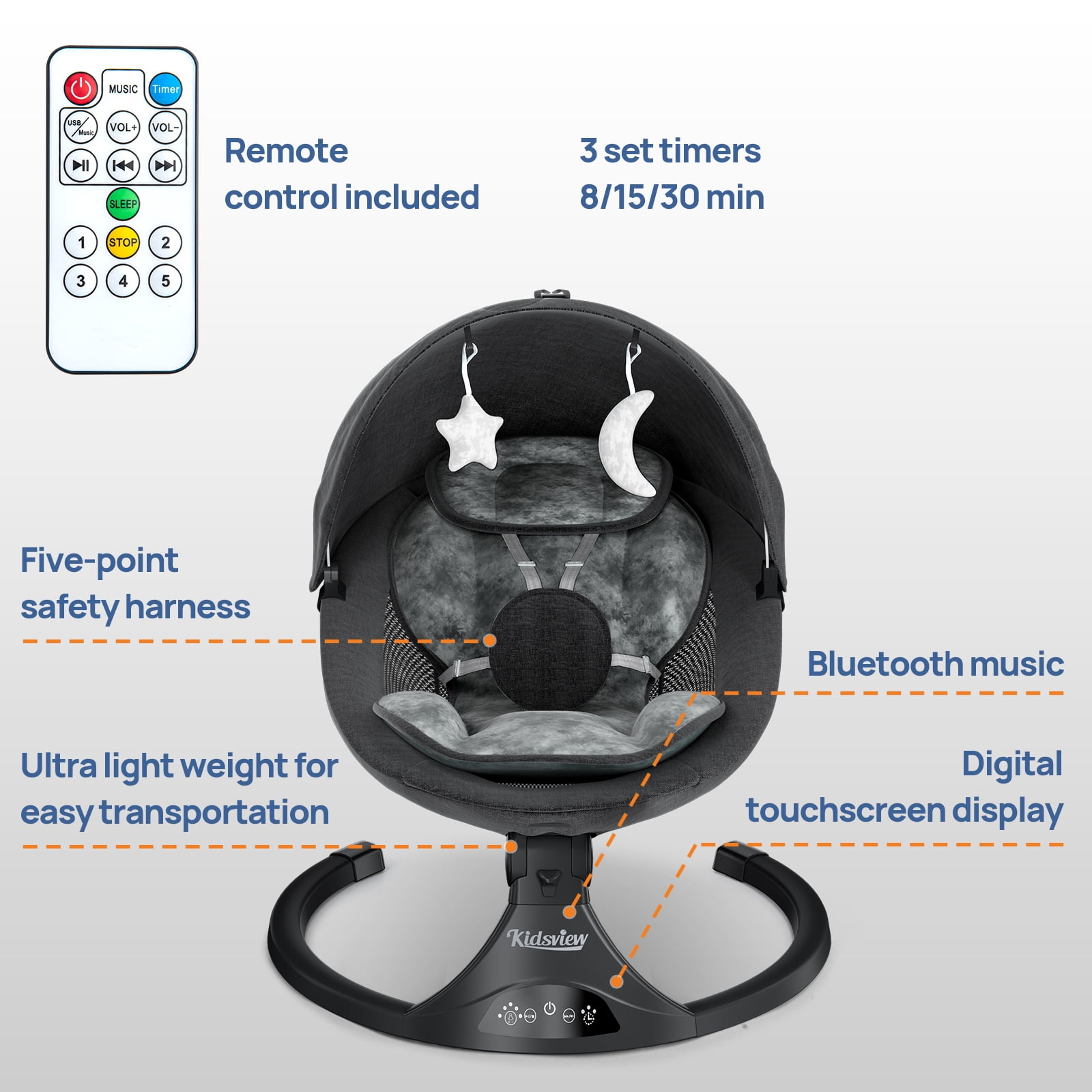 Electric Baby Swing for Infants ,Portable Baby Swing  with Timing Function 5 Swing Speeds Bluetooth Touch Screen,Music Speaker 12 Preset Lullabies for Babies 0-9 Months,0-20lb,Unisex,Black