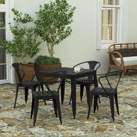 Merrick Lane Five Piece Indoor-Outdoor Dining Table and Chairs Set with 31.5" Square Table and 4 Metal Chairs in Black