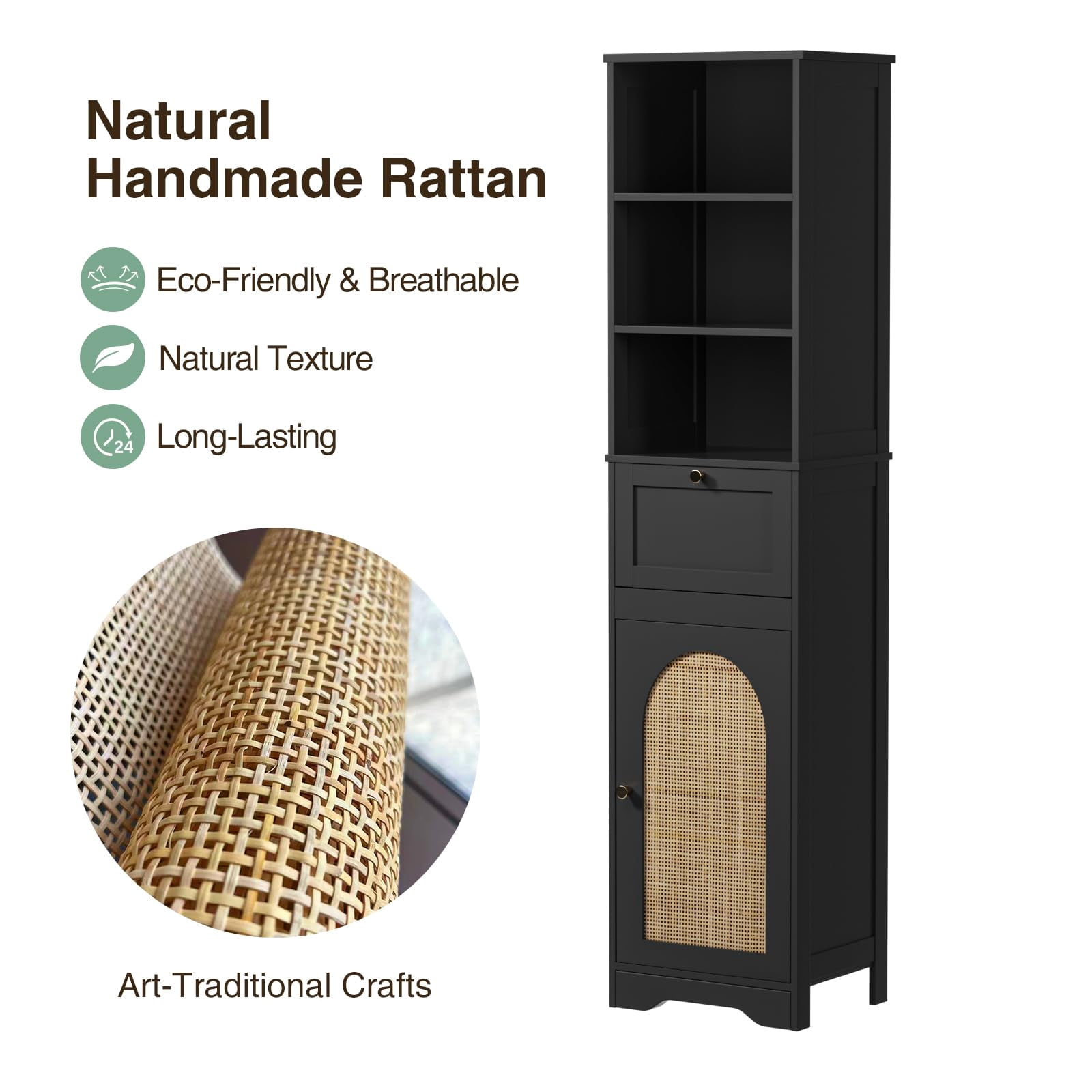 Vabches 67"Tall Narrow Bathroom Storage Cabinet, Linen Cabinet with Rattan Doors, Drawer & Adjustable Shelves