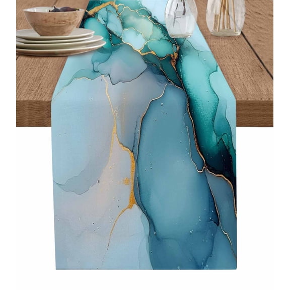 Hokiten Table Runners 108 Inches Long Dress Scarves, Turquoise Gold Marble Farmhouse Coffee/Dining/Kitchen Table Runner for Living Room, Abstract Teal Modern Geometric 13x108 Inch