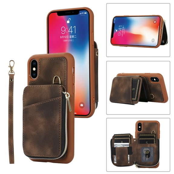 ELEHOLD for iPhone XS Max,Luxury Zipper Wallet Case with Card Slots Zipper Pocket Kickstand Function Wriststrap Crossbody Shoulder Strap Shockproof Purse Case,brown