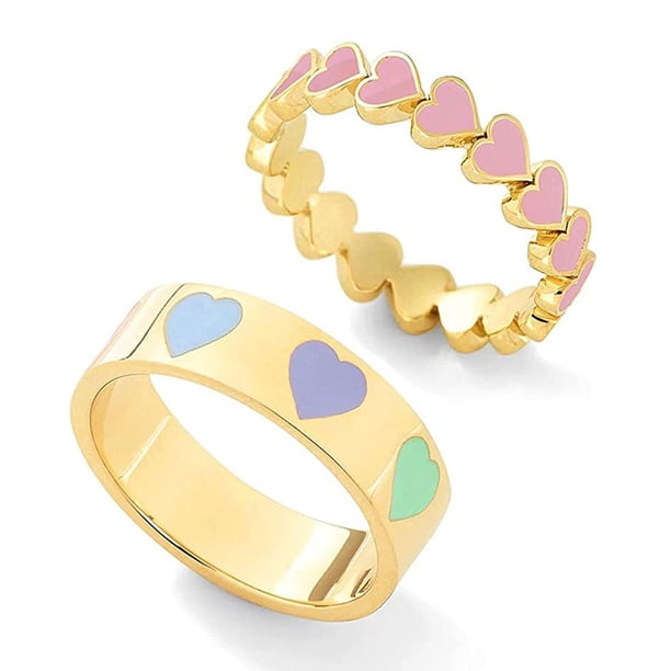 Anillo Colorido En Forma De Corazón Anillo De Dedo Apilable Anillo De Pareja Para El Aniversario De Cumpleaños Del Día De San Valentín 2 Uds Minnieouse AP006766-02