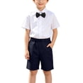 thumbnail image 2 of Yeaiivve Kids Formal 3 Piece Outfits Short Sleeve Button Down Shirt with Bow Tie and Solid Color Shorts Toddler Boys School Uniform Navy 5 Years, 2 of 10