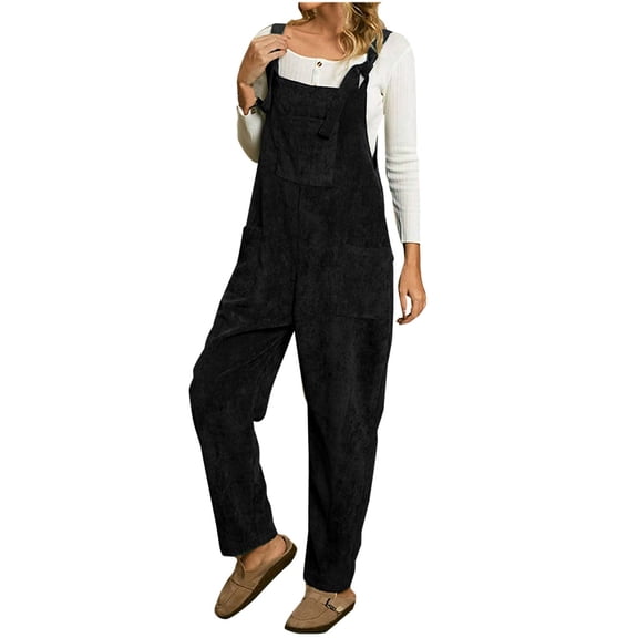 Staron Women's Corduroy Jumpsuit Spring Summer Casual Bib Overalls with Pockets Stretchy Relaxed Loose Fit Fashion Romper, Black S
