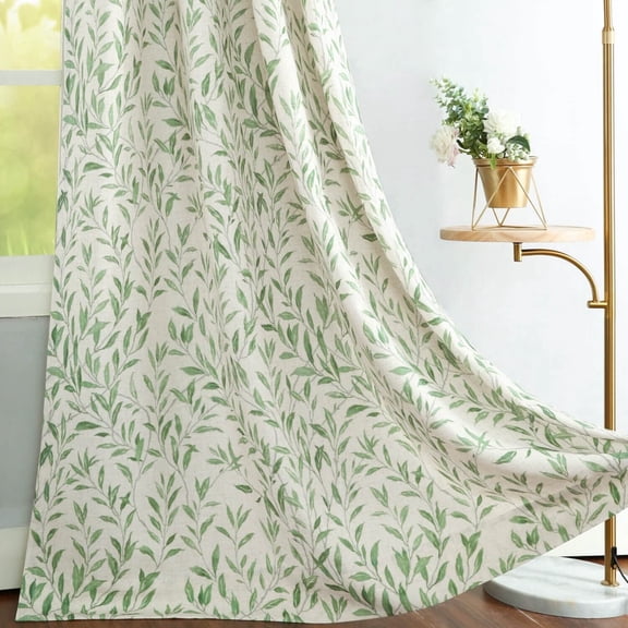 VOGOL Green Leaves Printed Farmhouse Window Treatments, Light Filtering Grommet Polyester Drapes for Bedroom, 52"x 84", One Panel