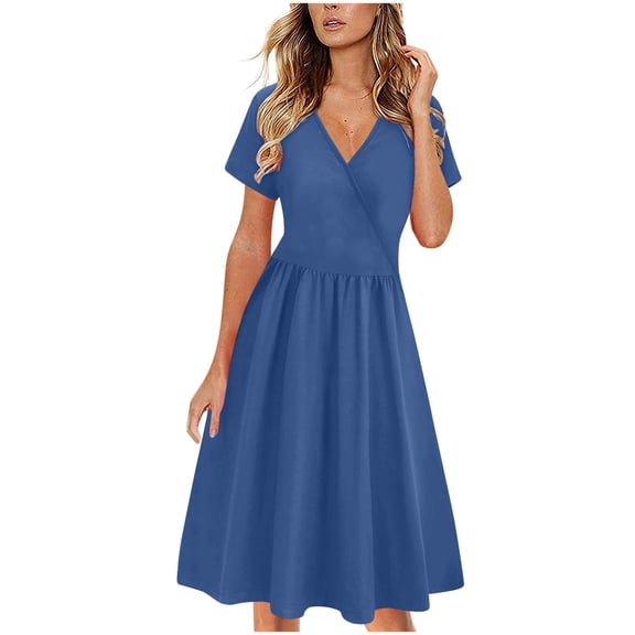 Ygbgbb Women's Short Sleeve V Neck Wrap Dress Lightweight Summer Classic Casual Sundress Vacation Flowy Midi Dresses Navy L